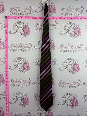 Hardy Amies pure silk Black Tie with Pink and Olive Diagonal Stripes